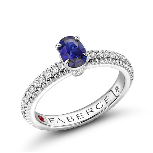 Colours of Love White Gold Blue Sapphire Fluted Ring with Diamond Shoulders