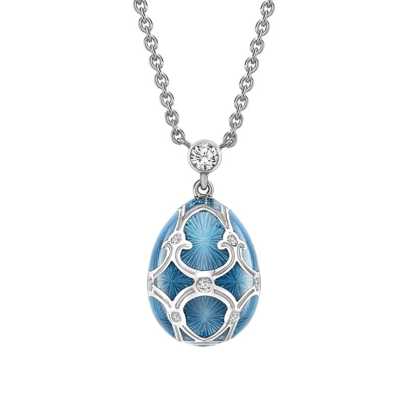 Heritage White Gold Diamond & Teal Guilloché Enamel Petite Egg Pendant