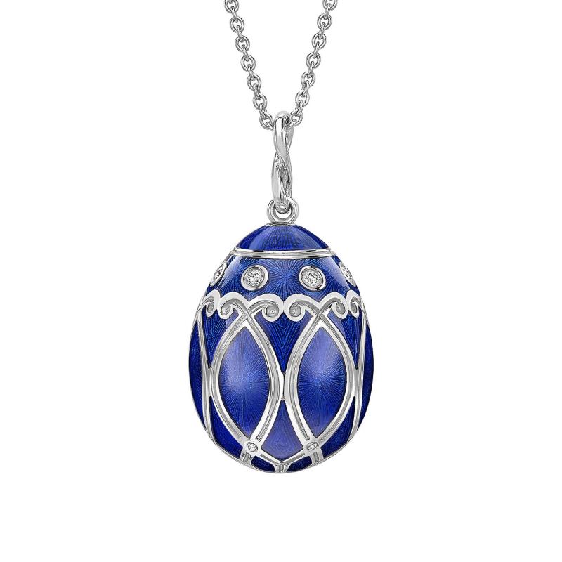 Heritage Palais White Gold Diamond & Royal Blue Guilloché Enamel Egg Pendant