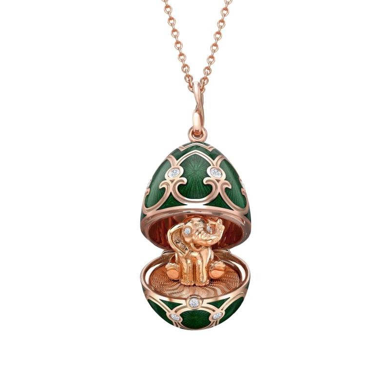 Heritage Rose Gold Diamond & Green Guilloché Enamel Elephant Surprise Locket